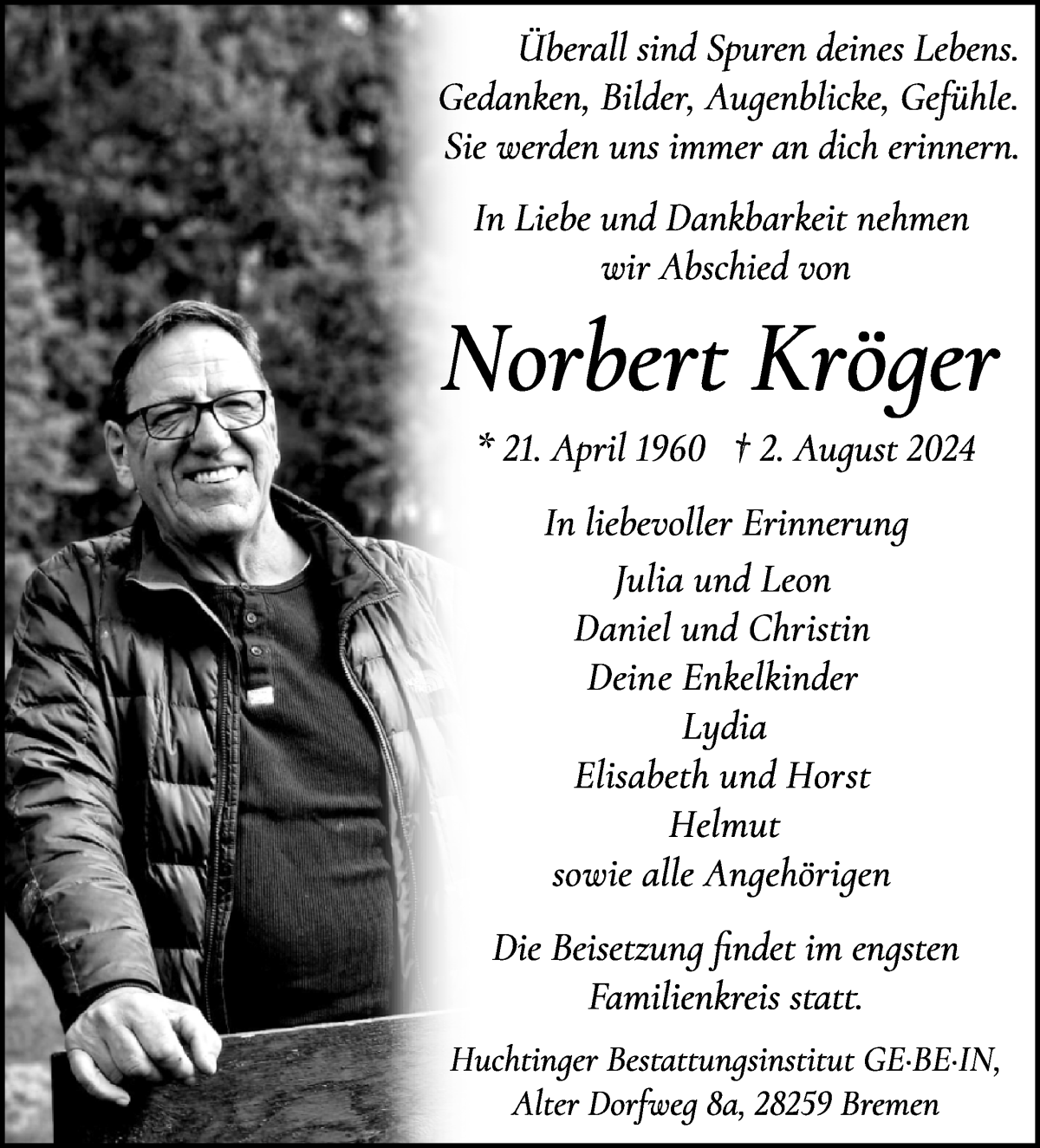  Traueranzeige für Norbert Kröger vom 10.08.2024 aus WESER-KURIER