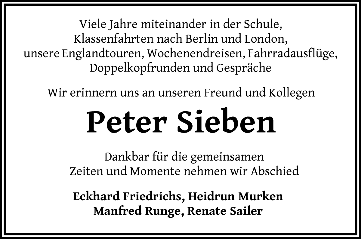 Traueranzeige von Peter Sieben von WESER-KURIER