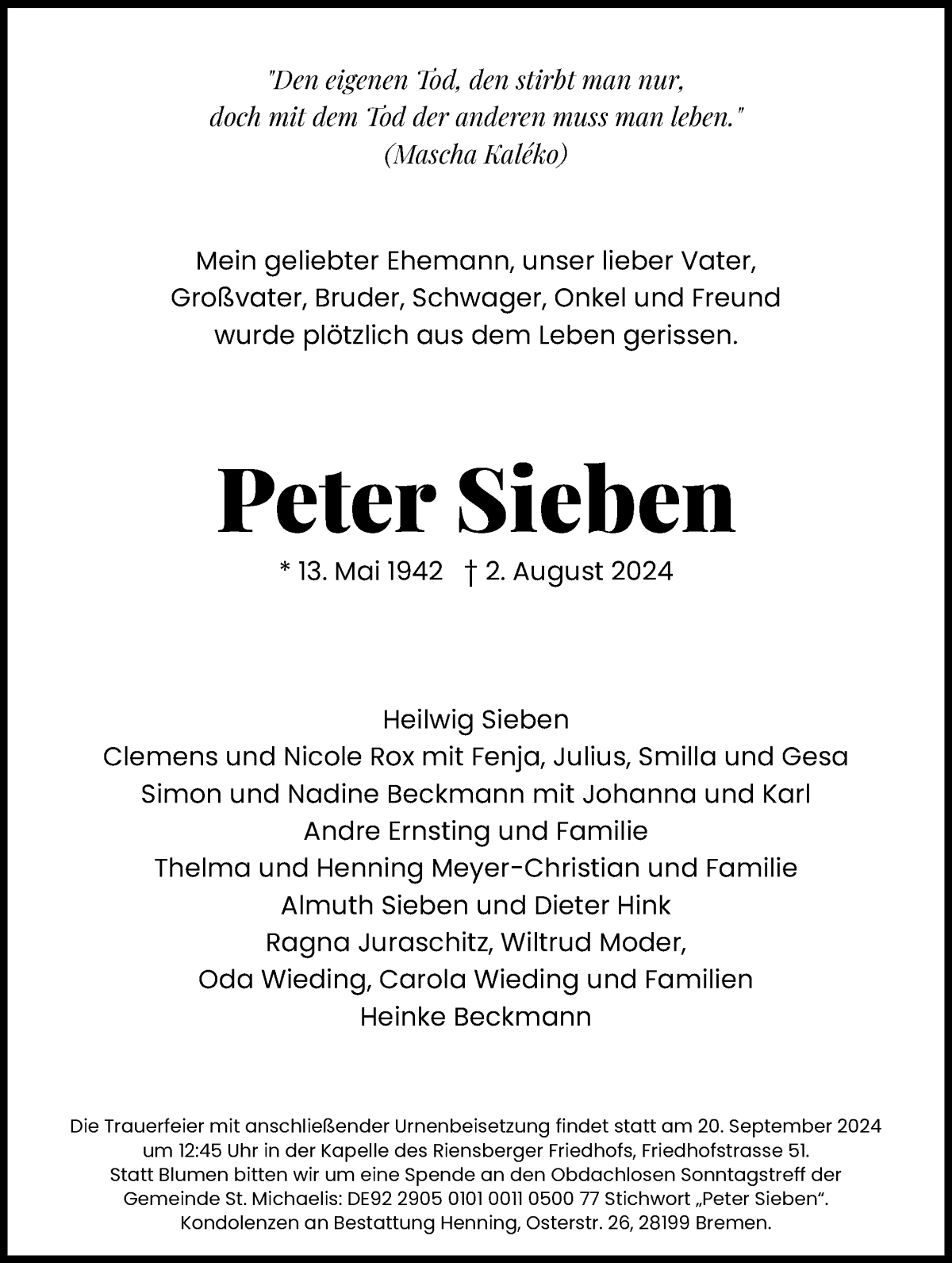  Traueranzeige für Peter Sieben vom 17.08.2024 aus WESER-KURIER