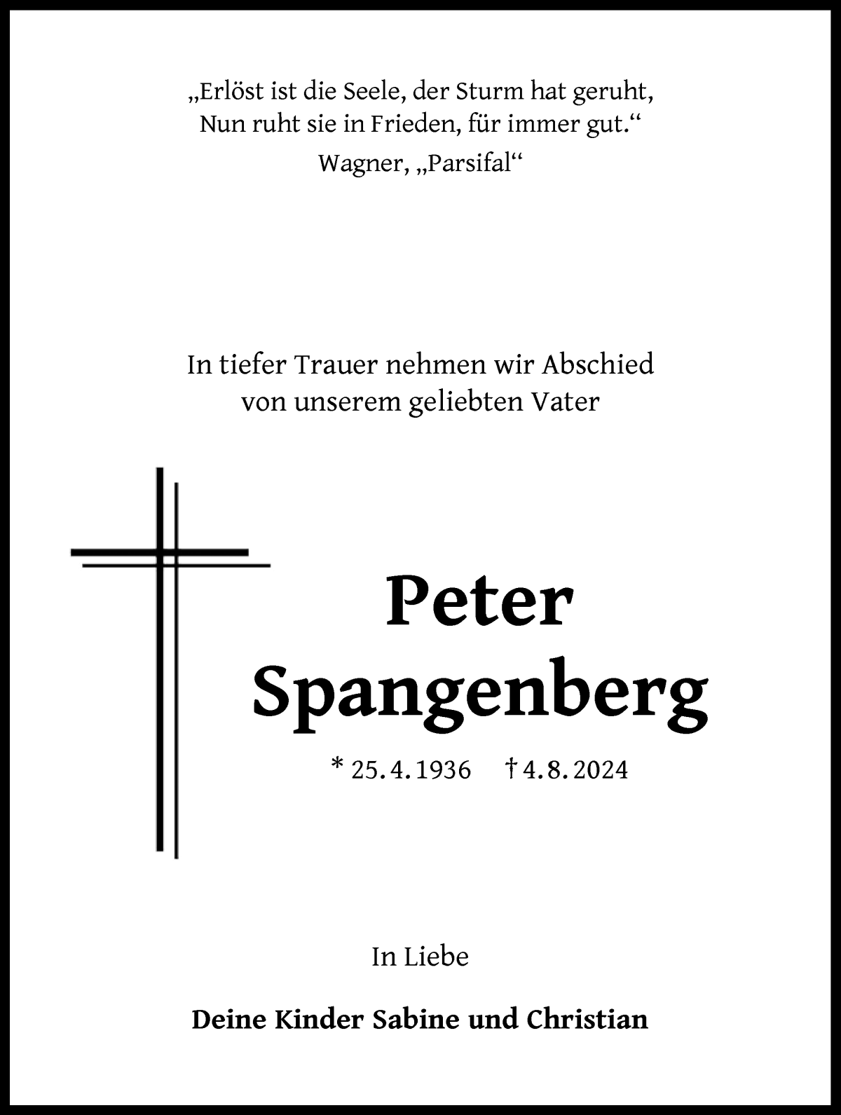 Traueranzeige von Peter Spangenberg von WESER-KURIER