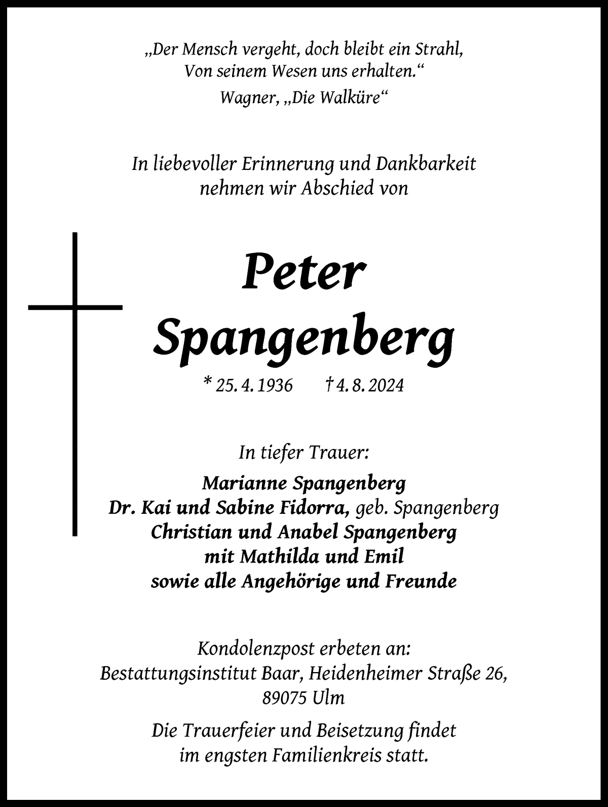 Traueranzeige von Peter Spangenberg von WESER-KURIER