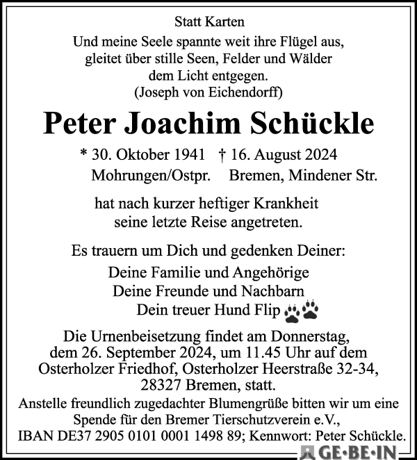 Traueranzeige von Peter Joachim Schückle von WESER-KURIER