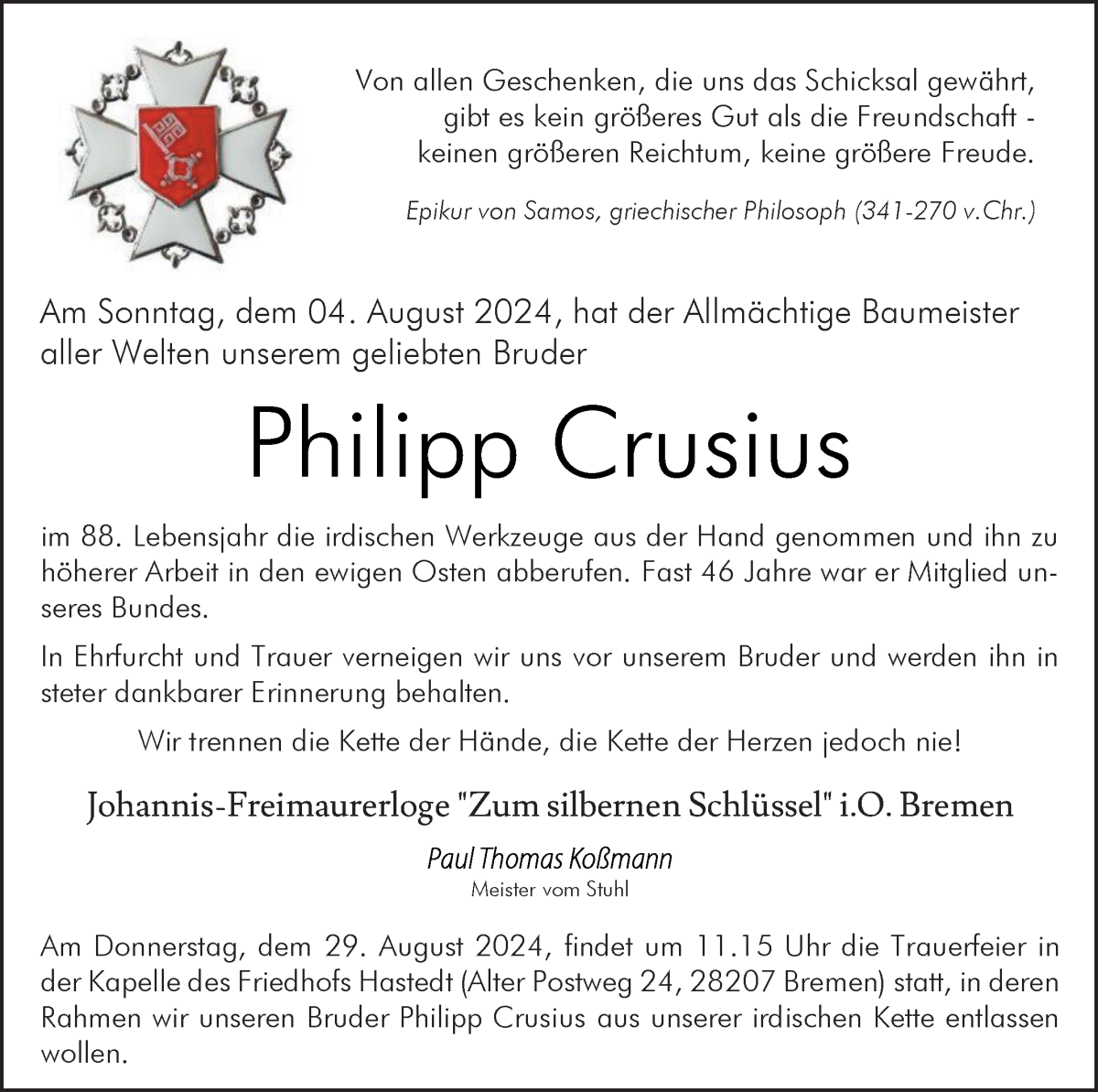 Traueranzeige von Philipp Crusius von WESER-KURIER