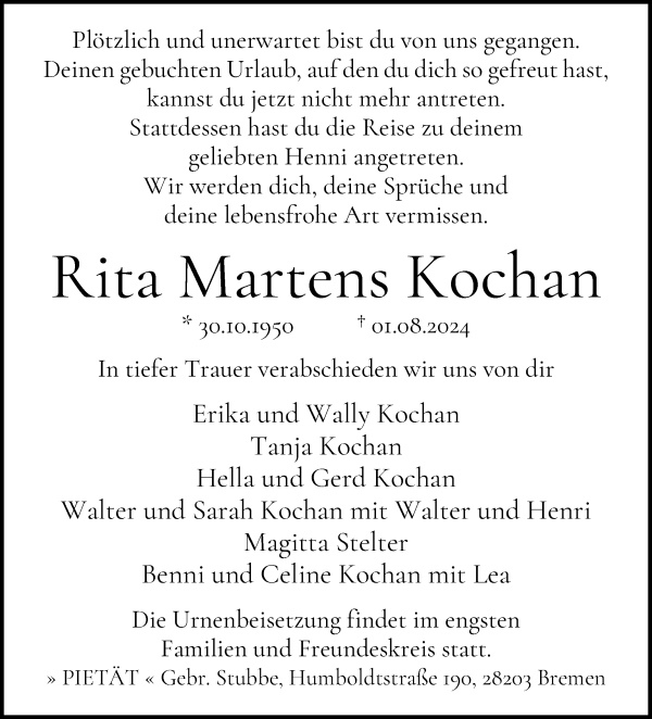 Traueranzeige von Rai Martens Kochan von WESER-KURIER