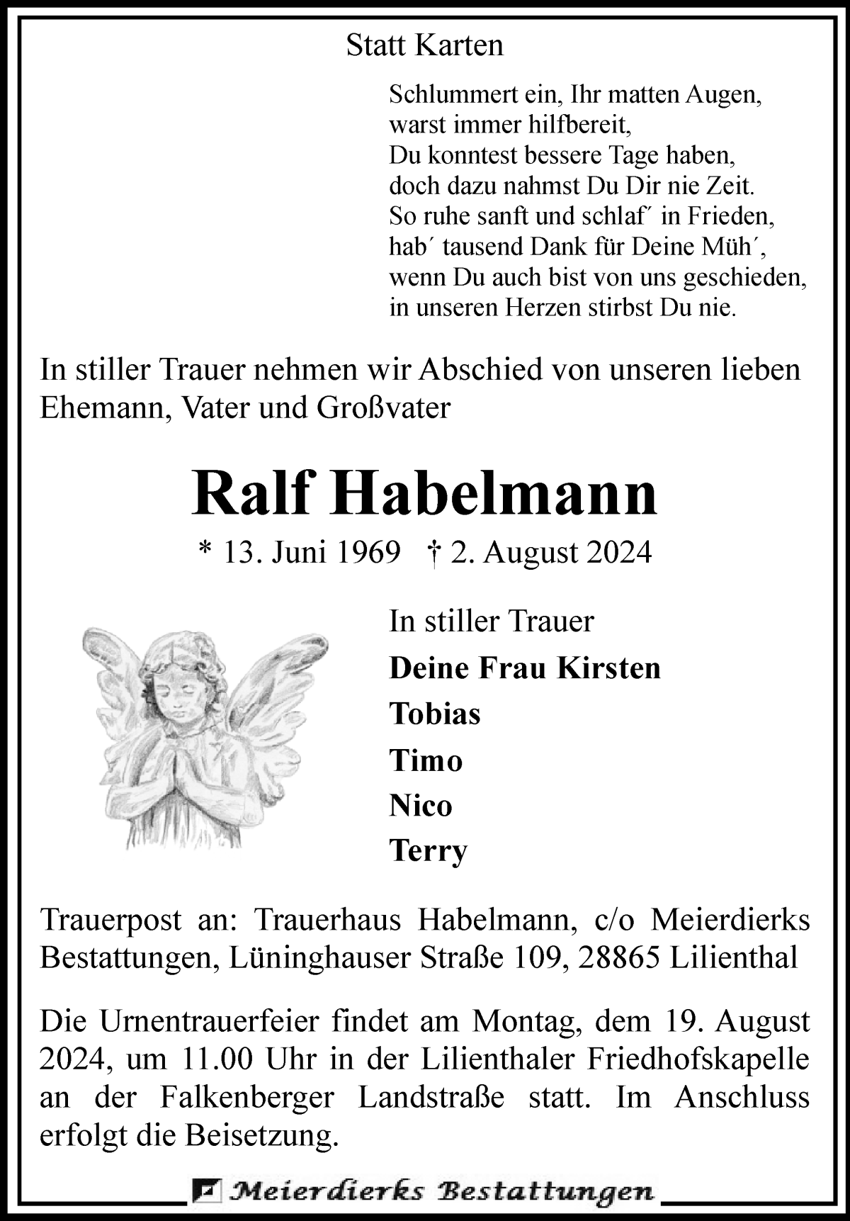 Traueranzeige von Ralf Habelmann von Wuemme Zeitung