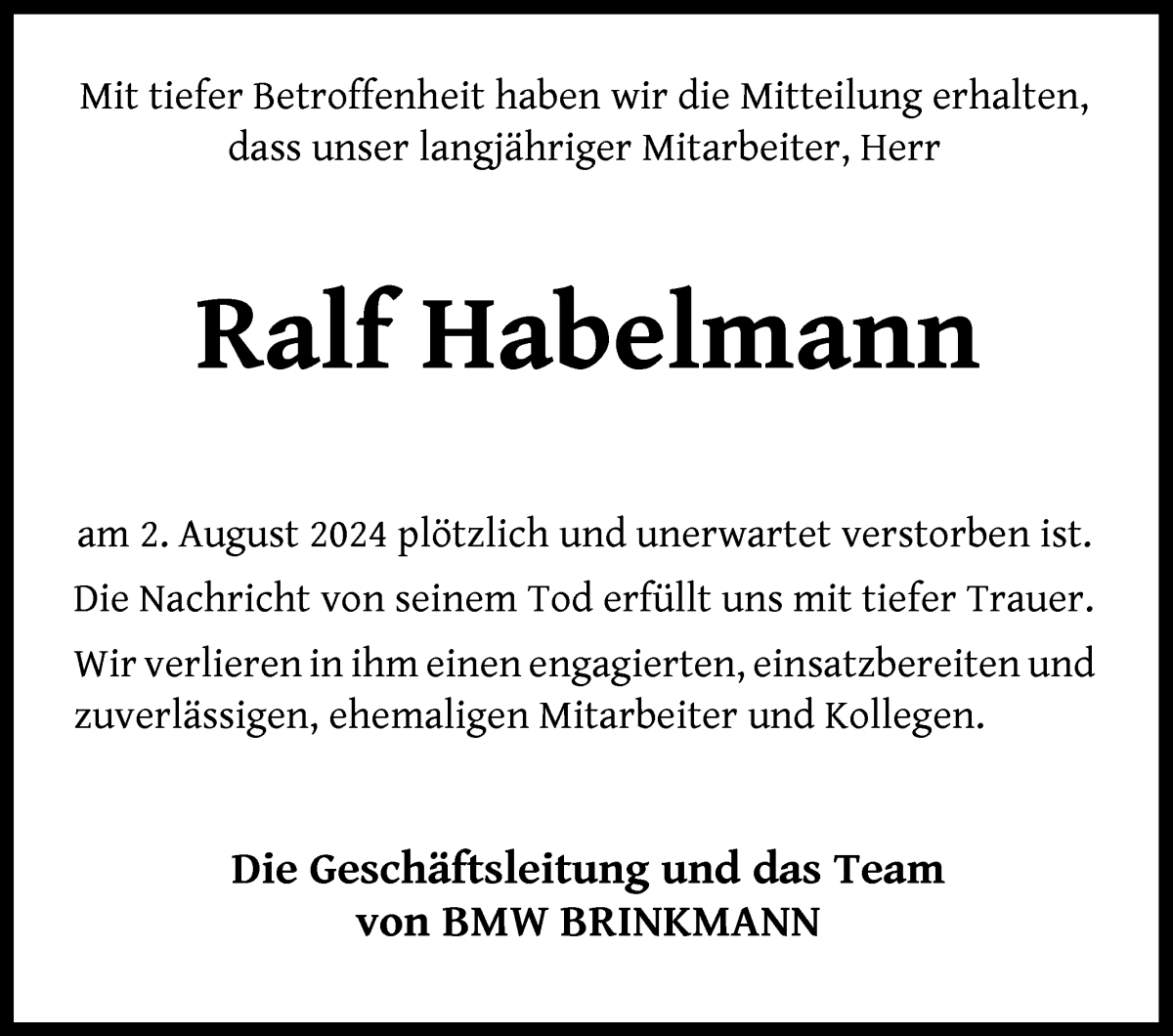 Traueranzeige von Ralf Habelmann von Wuemme Zeitung