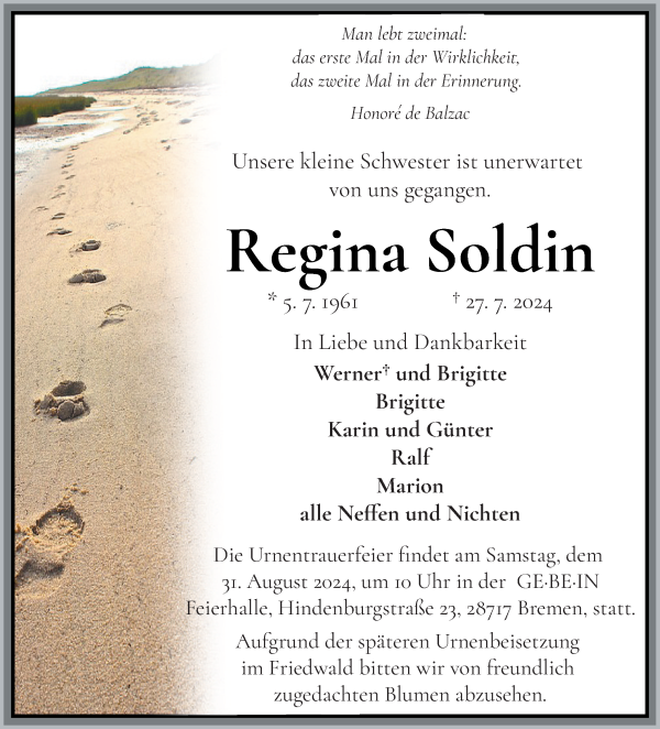 Traueranzeige von Regina Soldin von Die Norddeutsche