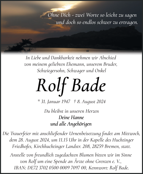 Traueranzeige von Rolf Bade von WESER-KURIER