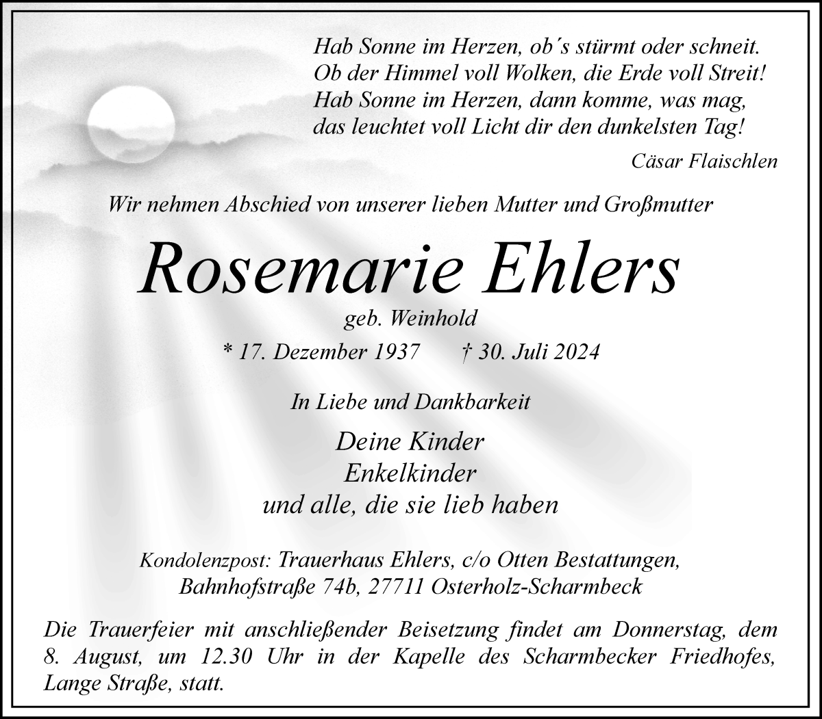 Traueranzeige von Rosemarie Ehlers von Osterholzer Kreisblatt