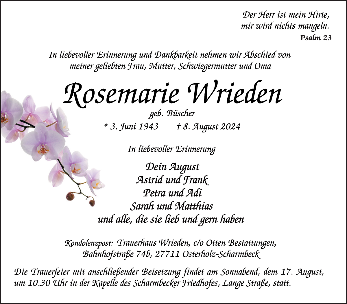 Traueranzeige von Rosemarie Wrieden von Osterholzer Kreisblatt