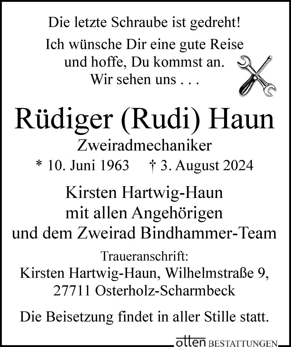  Traueranzeige für Rüdiger Haun vom 07.08.2024 aus WESER-KURIER