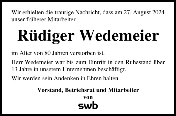 Traueranzeige von Rüdiger Wedemeier von WESER-KURIER