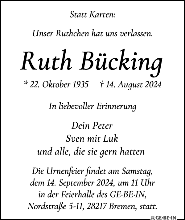 Traueranzeige von Ruth Bücking von WESER-KURIER