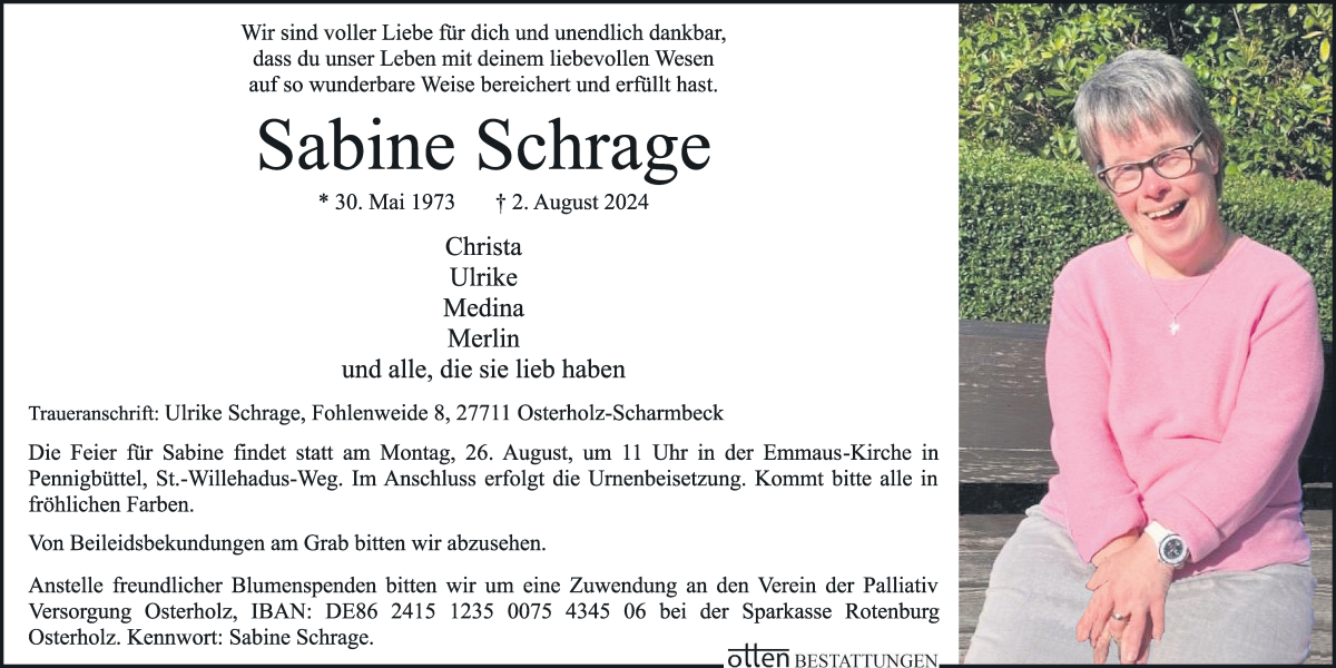 Traueranzeige von Sabine Schrage von Osterholzer Kreisblatt