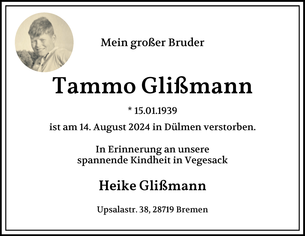 Traueranzeige von Tammo Glißmann von Die Norddeutsche