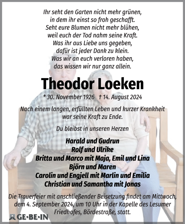 Traueranzeige von Theodor Loeken von Die Norddeutsche