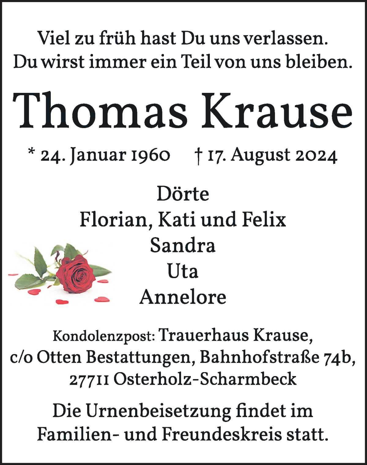 Traueranzeige von Thomas Krause von Osterholzer Kreisblatt