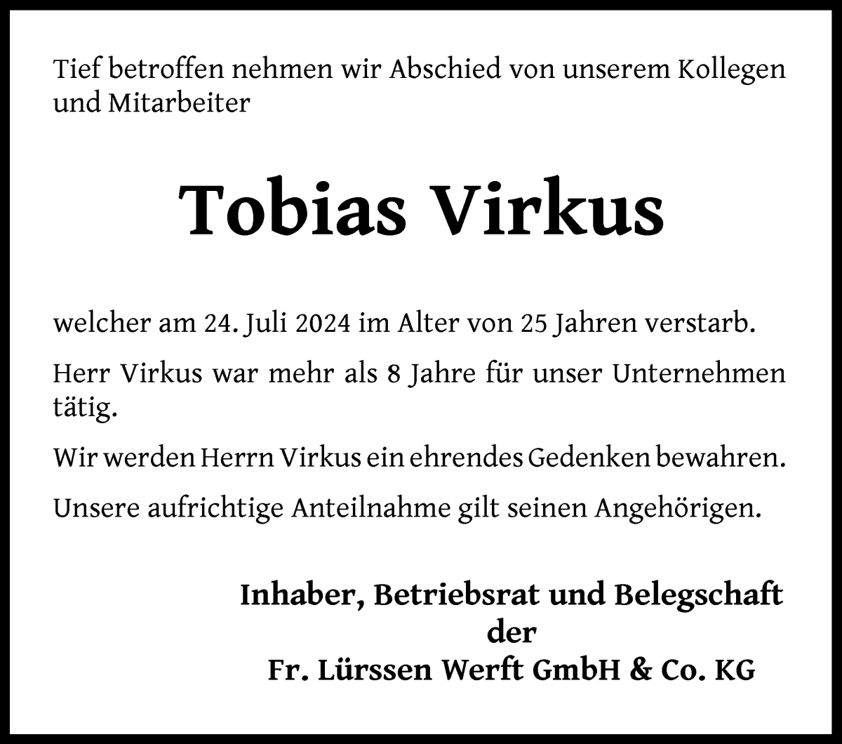 Traueranzeige von Tobias Virkus von Die Norddeutsche