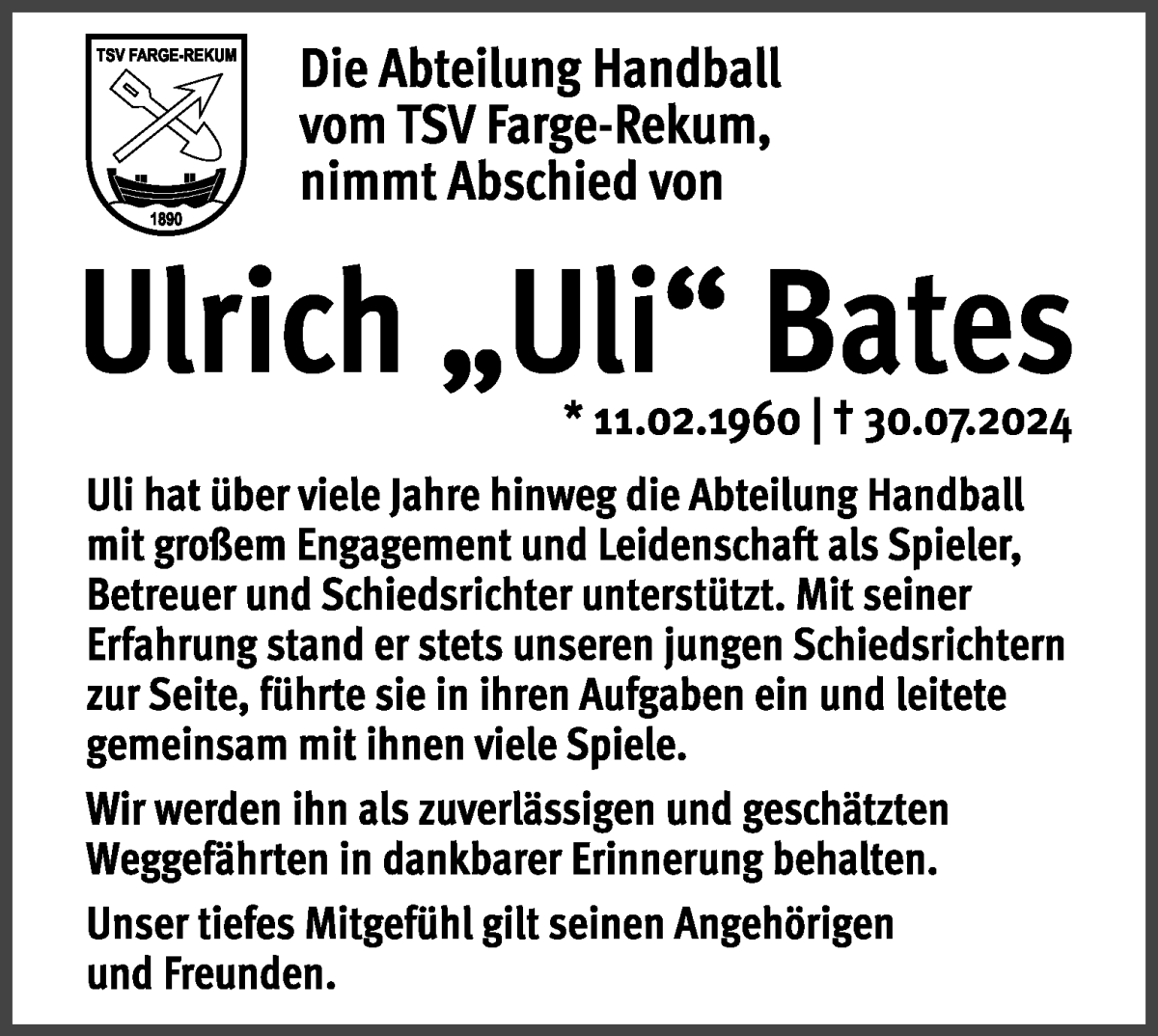 Traueranzeige von Ulrich Bates von Die Norddeutsche