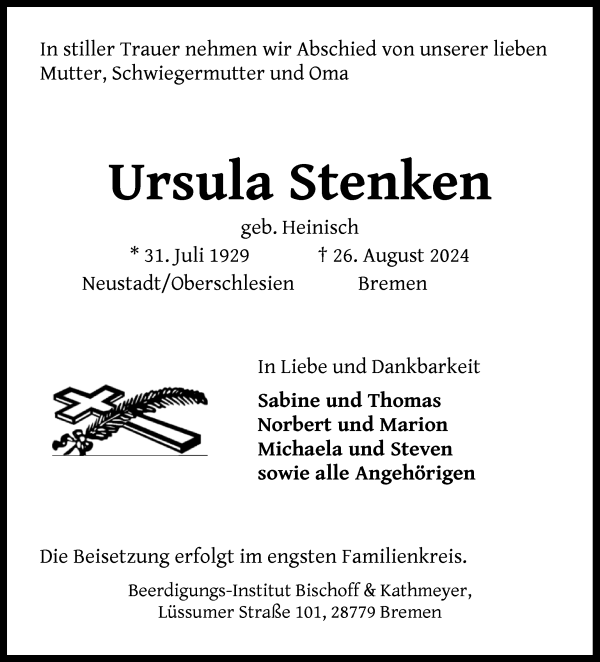 Traueranzeige von Ursula Stenken von Die Norddeutsche