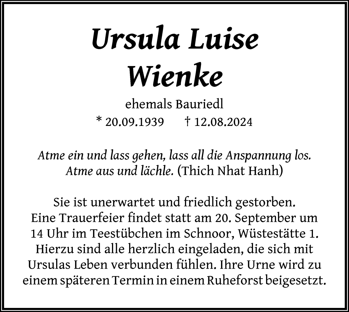 Traueranzeige von Ursula Luise Wienke von WESER-KURIER