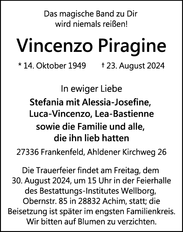 Traueranzeige von Vincenzo Piragine von WESER-KURIER