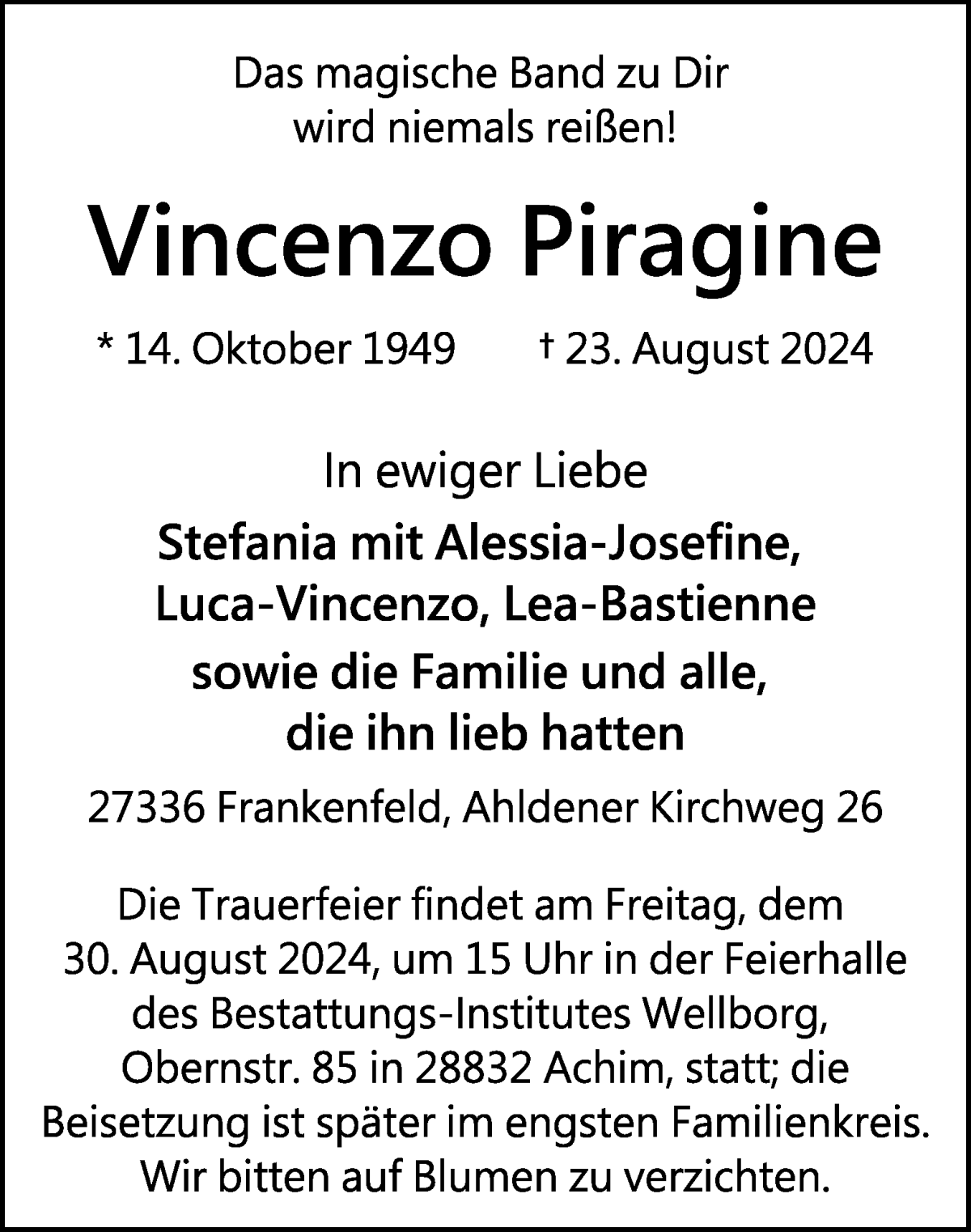 Traueranzeige von Vincenzo Piragine von WESER-KURIER