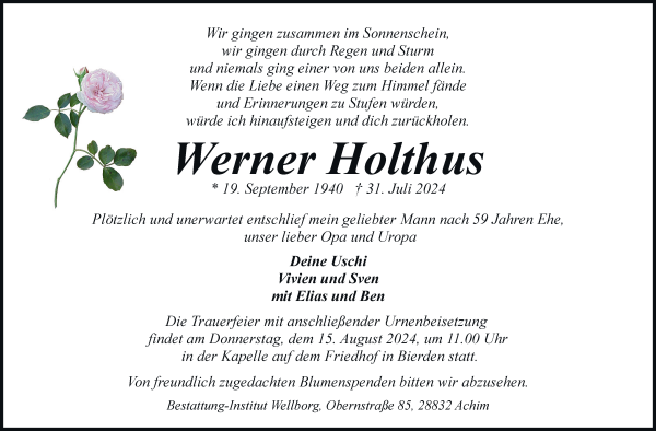 Traueranzeige von Werner Holthus von WESER-KURIER