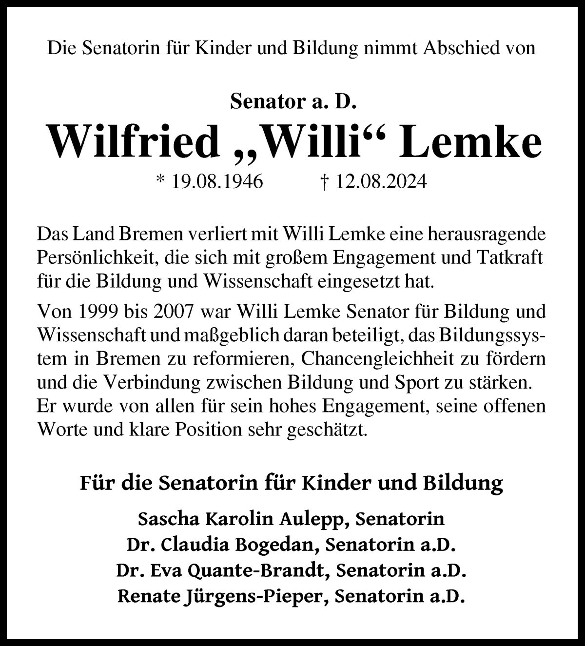  Traueranzeige für Willi Lemke vom 17.08.2024 aus WESER-KURIER