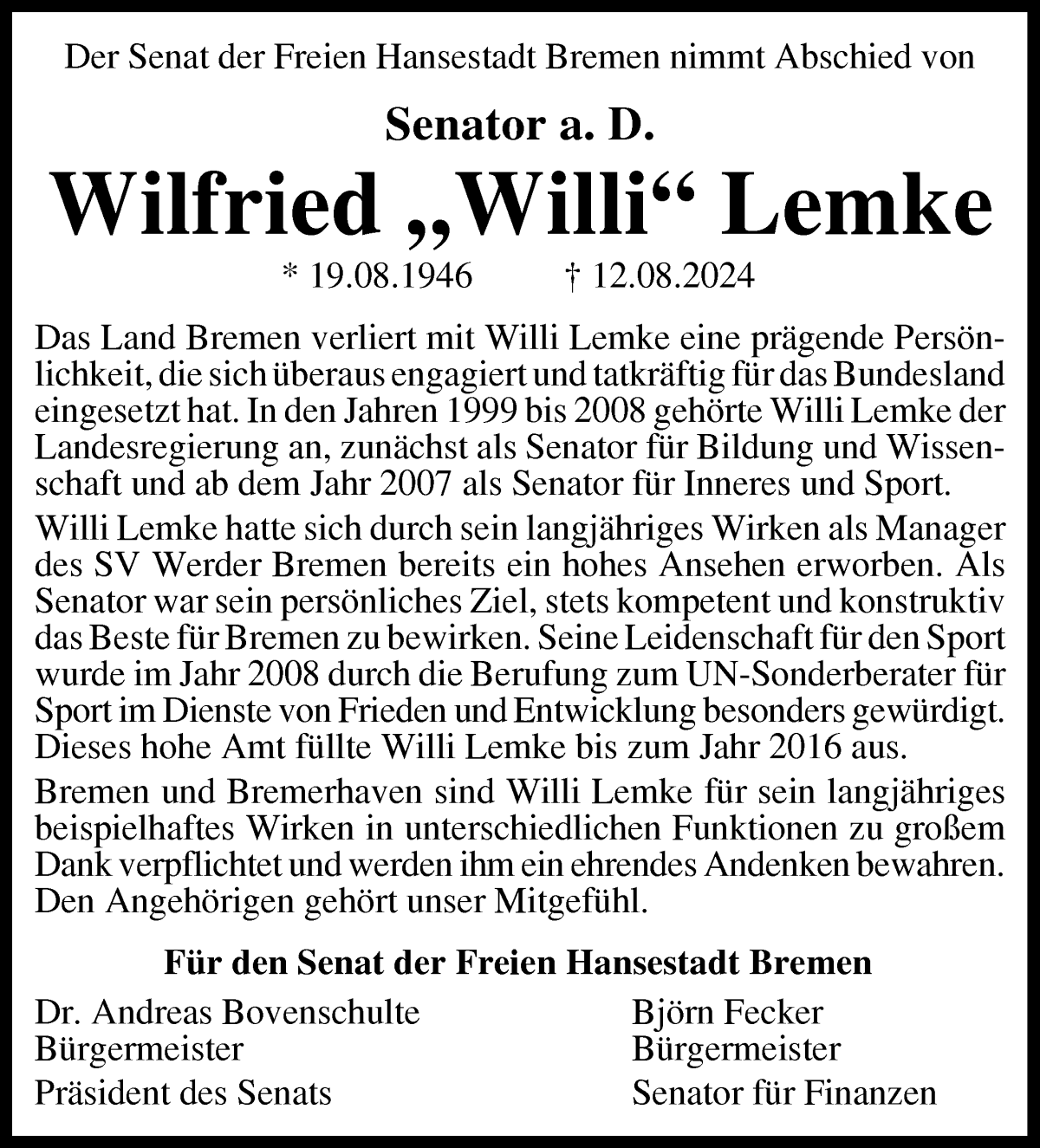  Traueranzeige für Willi Lemke vom 17.08.2024 aus WESER-KURIER