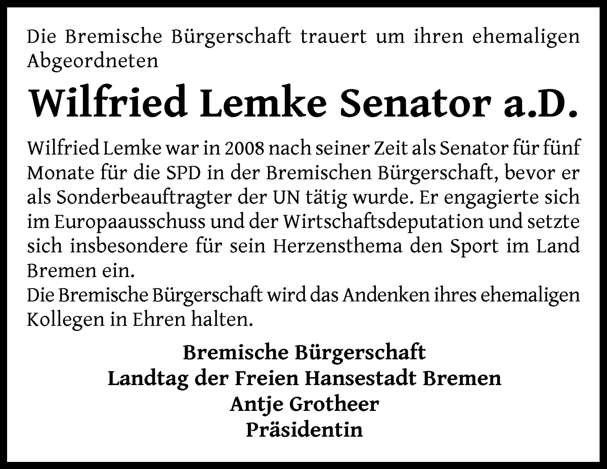  Traueranzeige für Willi Lemke vom 17.08.2024 aus WESER-KURIER