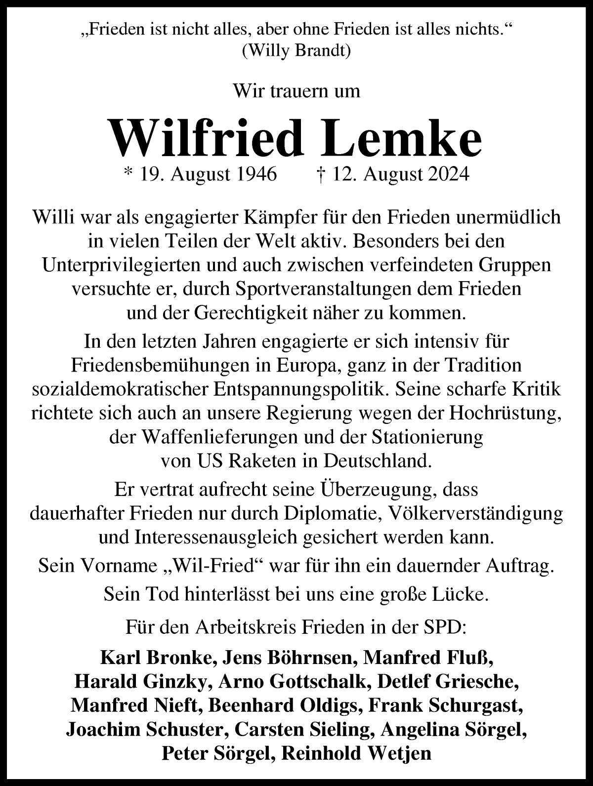  Traueranzeige für Willi Lemke vom 17.08.2024 aus WESER-KURIER