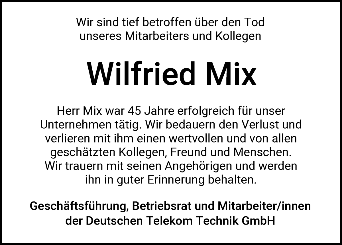  Traueranzeige für Wilfried Mix vom 10.08.2024 aus WESER-KURIER