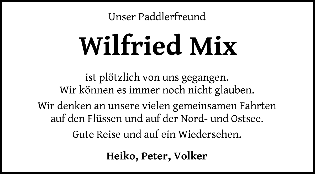  Traueranzeige für Wilfried Mix vom 10.08.2024 aus WESER-KURIER