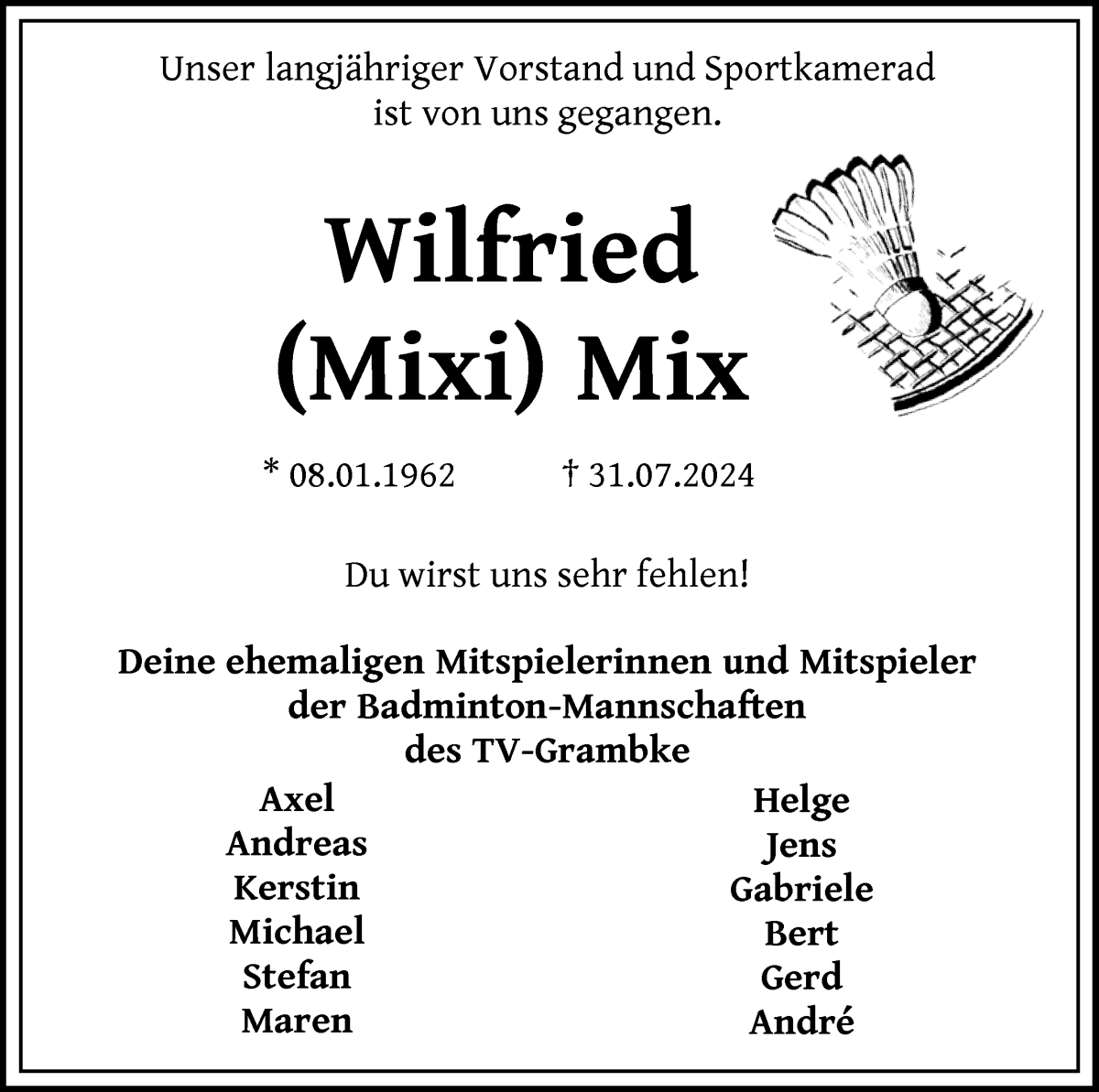 Traueranzeige von Wilfried Mix von Die Norddeutsche