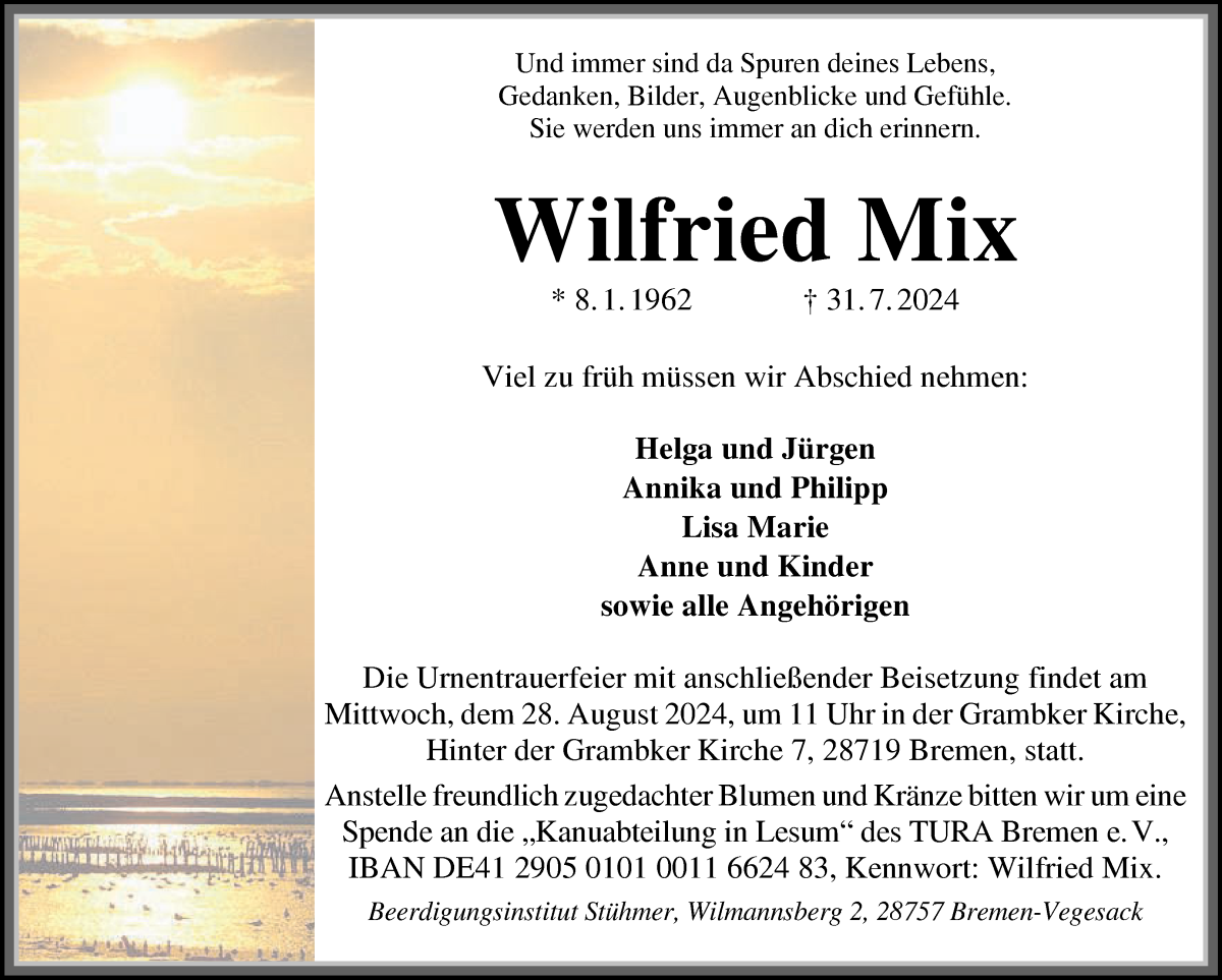  Traueranzeige für Wilfried Mix vom 10.08.2024 aus WESER-KURIER