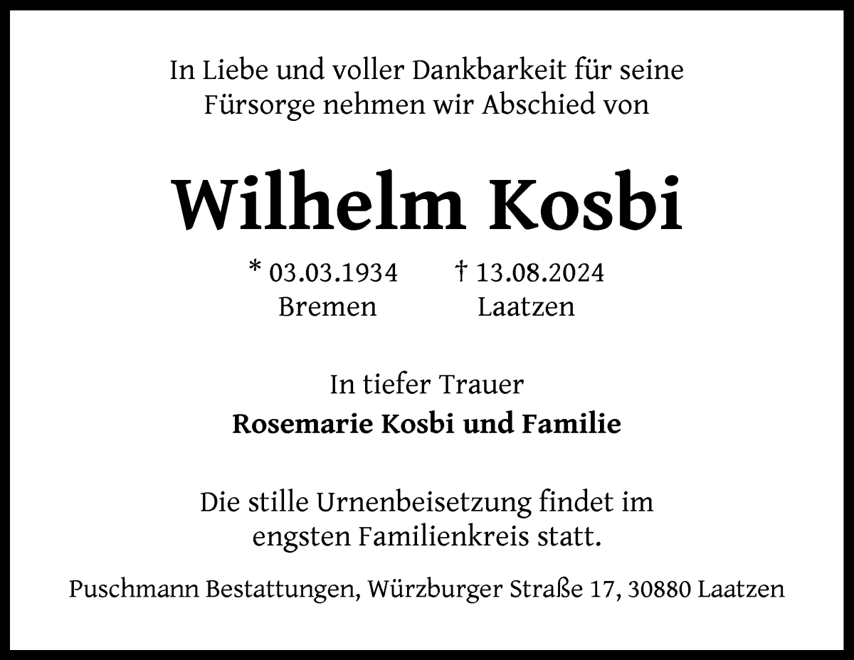  Traueranzeige für Wilhelm Kosbi vom 17.08.2024 aus WESER-KURIER