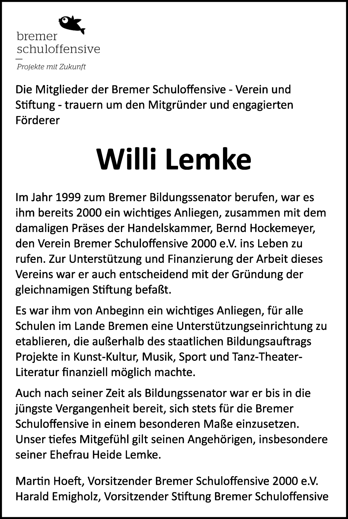 Traueranzeige von Willi Lemke von WESER-KURIER