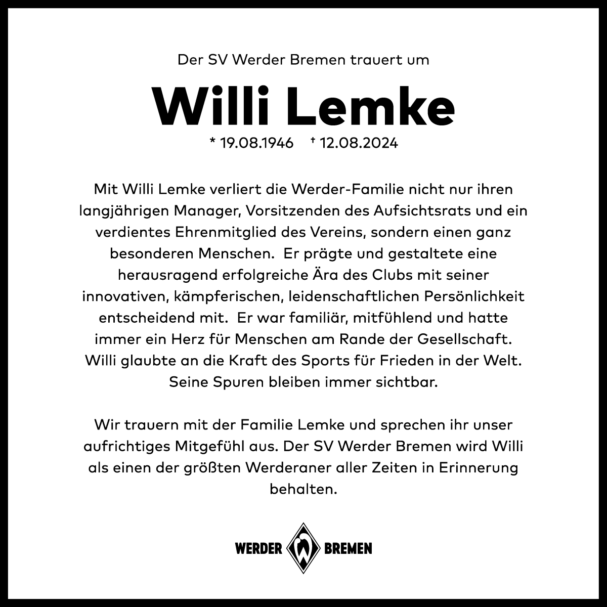  Traueranzeige für Willi Lemke vom 17.08.2024 aus WESER-KURIER