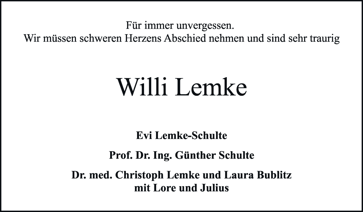  Traueranzeige für Willi Lemke vom 17.08.2024 aus WESER-KURIER