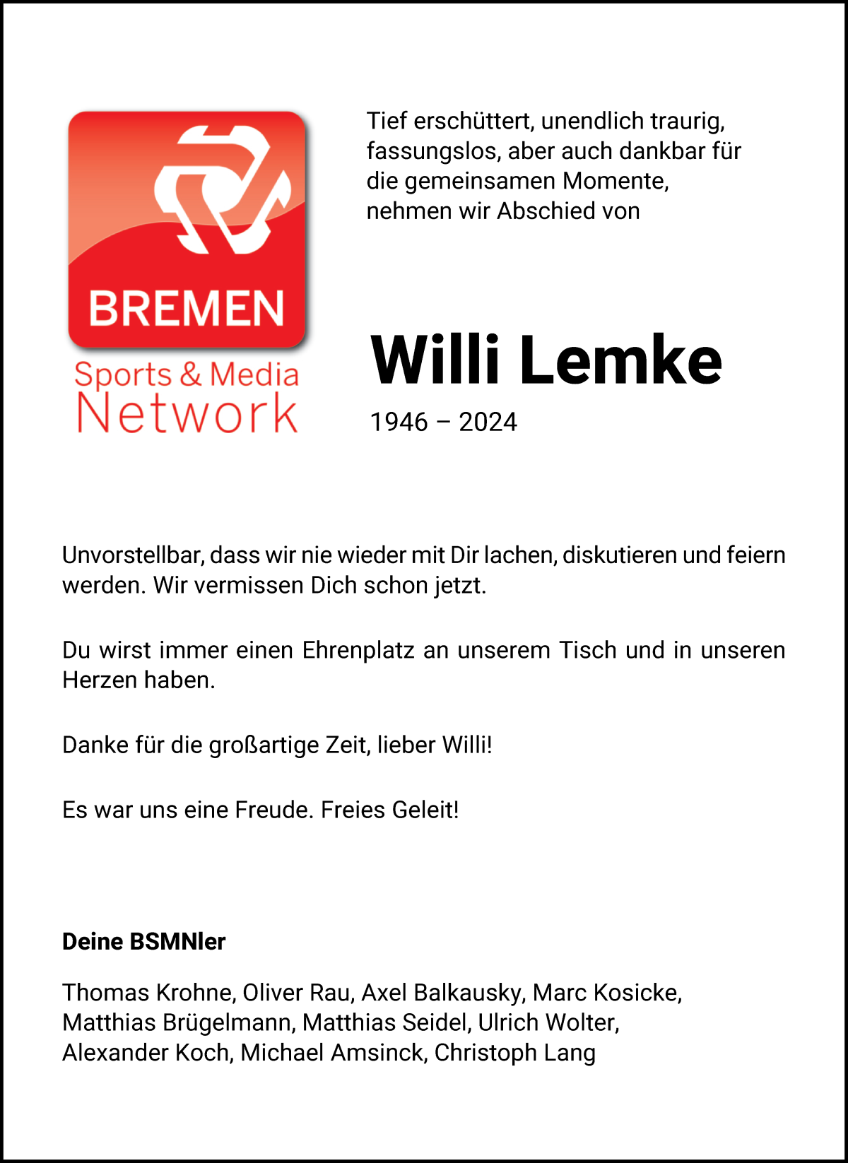  Traueranzeige für Willi Lemke vom 17.08.2024 aus WESER-KURIER