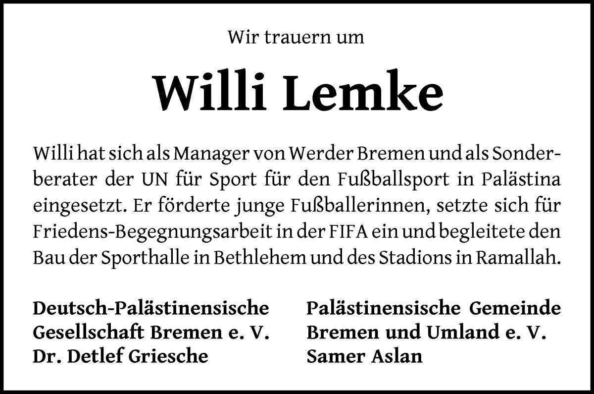  Traueranzeige für Willi Lemke vom 21.08.2024 aus WESER-KURIER