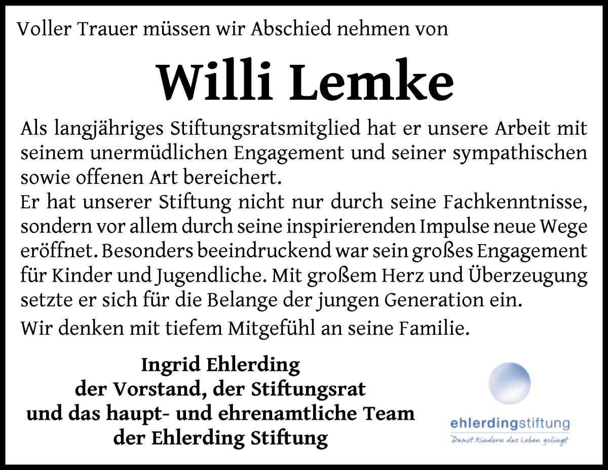  Traueranzeige für Willi Lemke vom 17.08.2024 aus WESER-KURIER