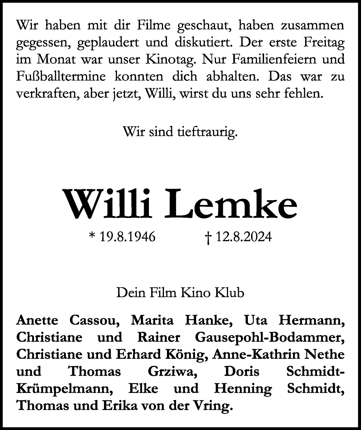  Traueranzeige für Willi Lemke vom 17.08.2024 aus WESER-KURIER