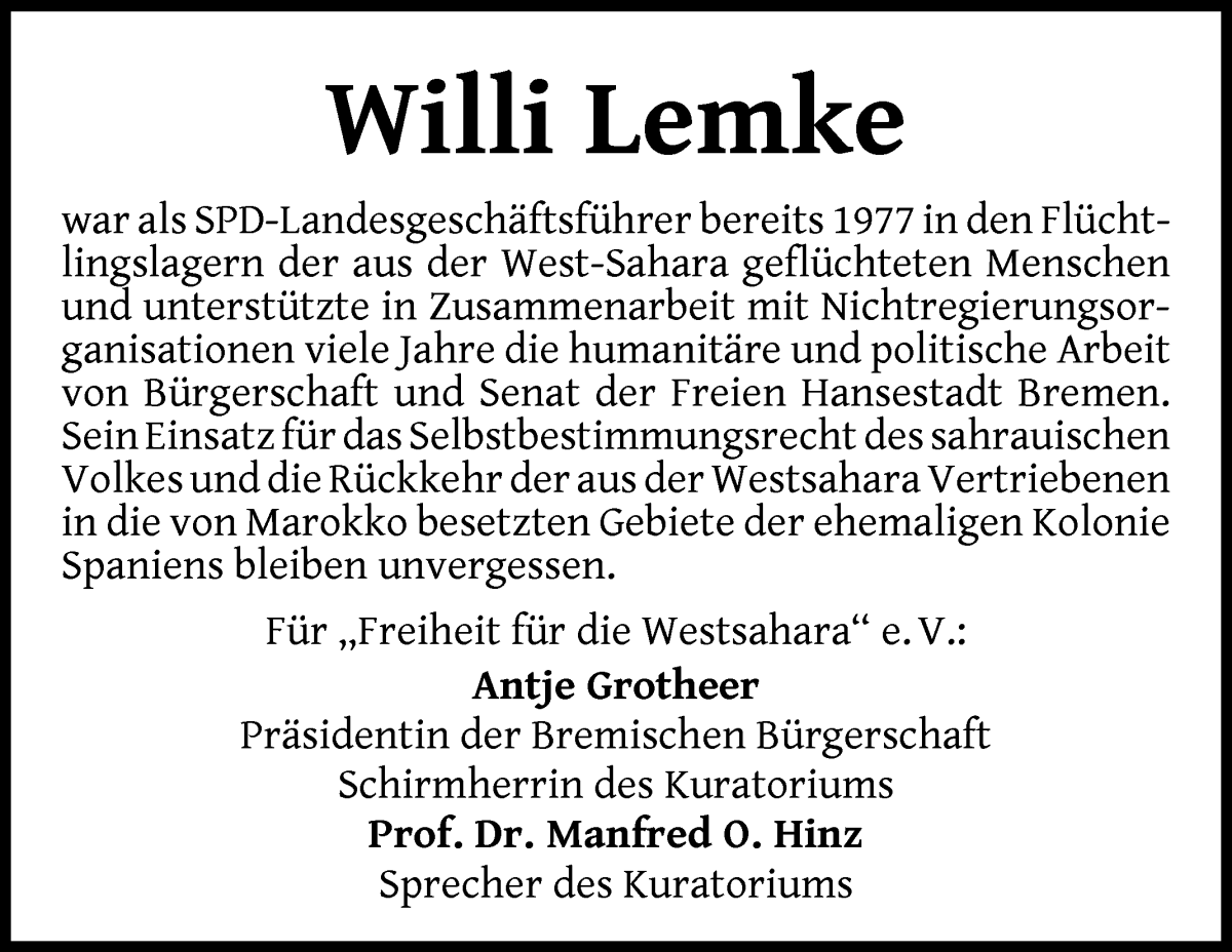  Traueranzeige für Willi Lemke vom 21.08.2024 aus WESER-KURIER