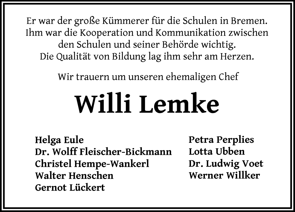  Traueranzeige für Willi Lemke vom 17.08.2024 aus WESER-KURIER