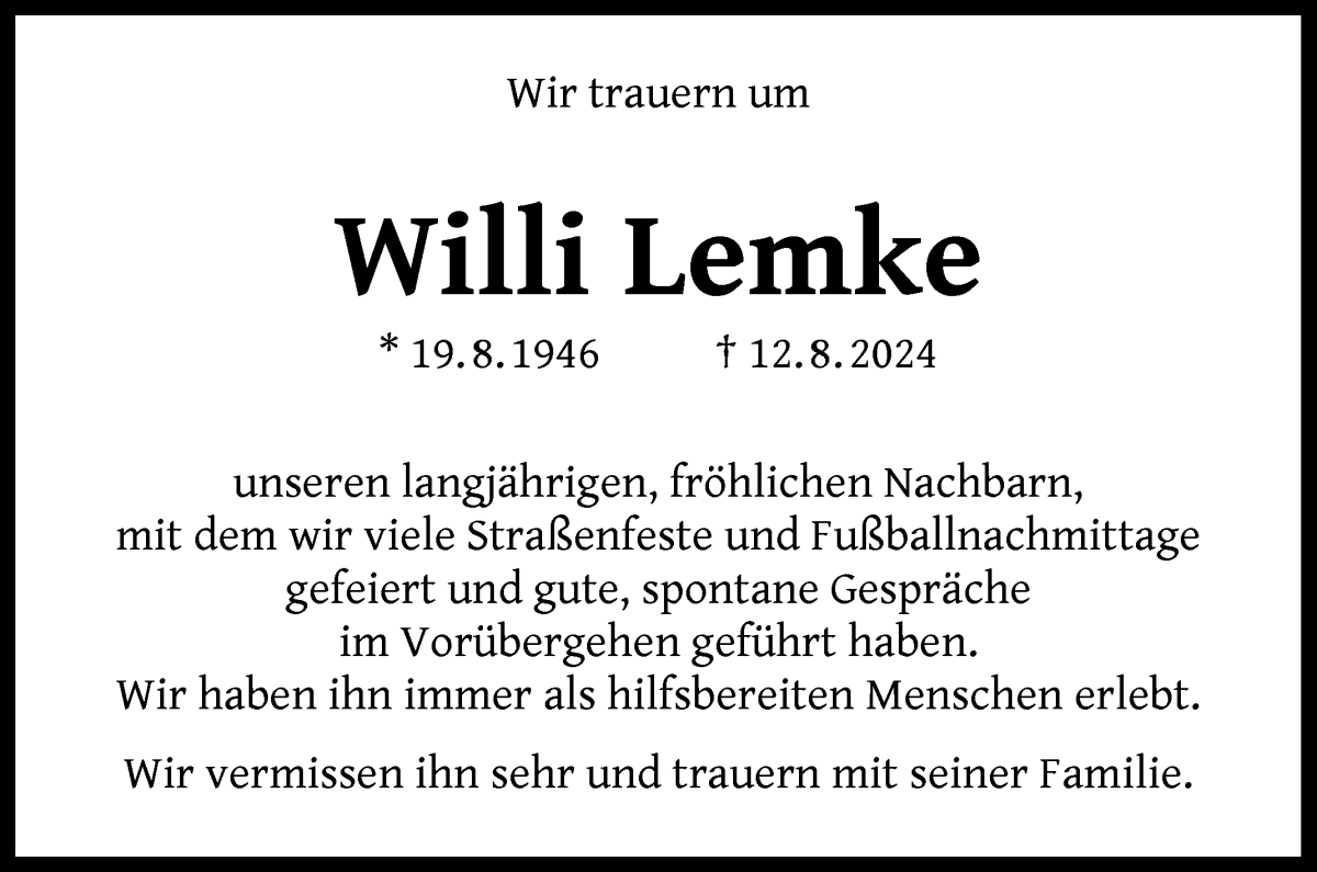  Traueranzeige für Willi Lemke vom 17.08.2024 aus WESER-KURIER