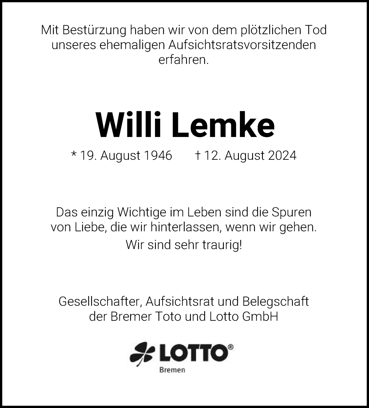  Traueranzeige für Willi Lemke vom 17.08.2024 aus WESER-KURIER