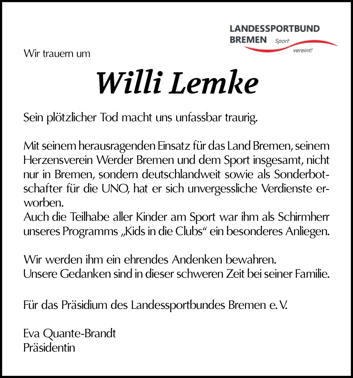  Traueranzeige für Willi Lemke vom 17.08.2024 aus WESER-KURIER