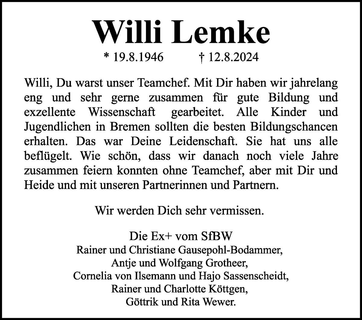  Traueranzeige für Willi Lemke vom 17.08.2024 aus WESER-KURIER